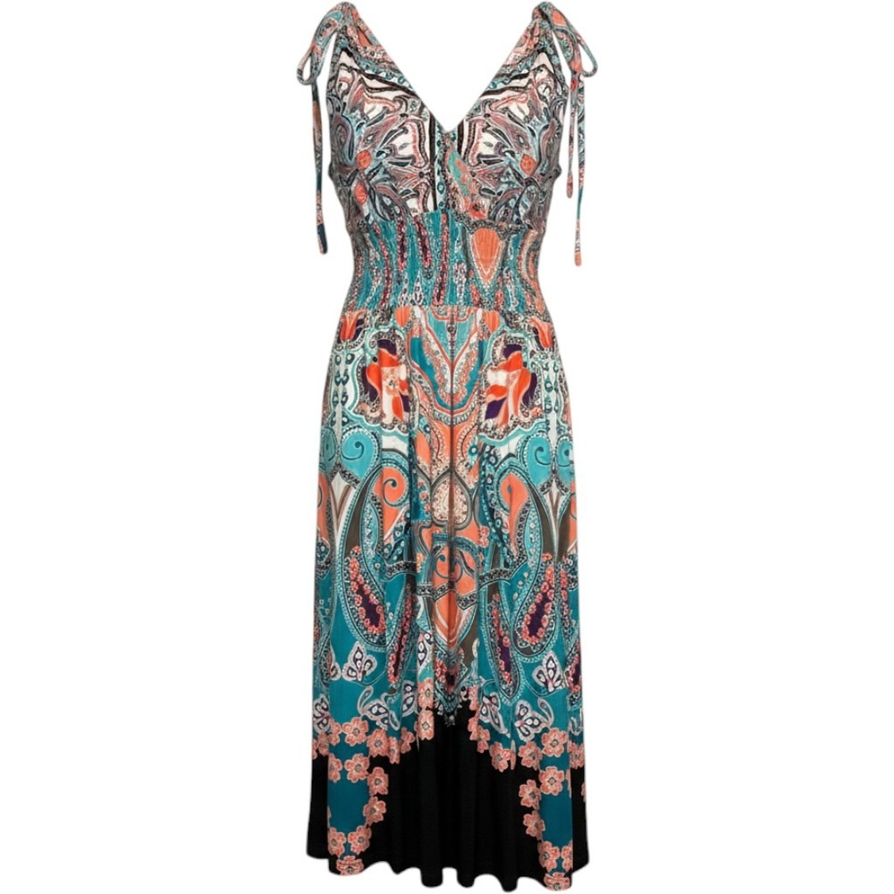 Roz & Ali Paisley Floral Smocked Waist Tie Shoulder Dress Turquoise Coral 16